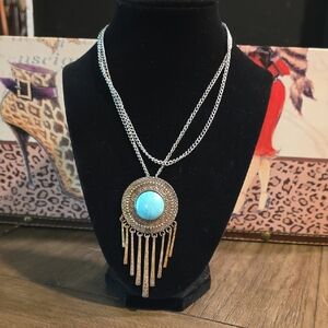 Chic Turquoise and Gold Fringe Necklace